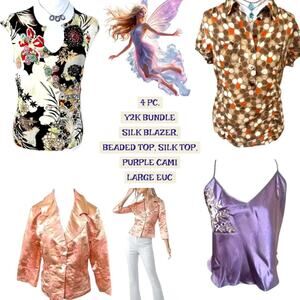 90'S Y2K VTG. 4 PC. SILK RETRO BEADED TOP BLAZER SET LARGE EUC  BUNDLE